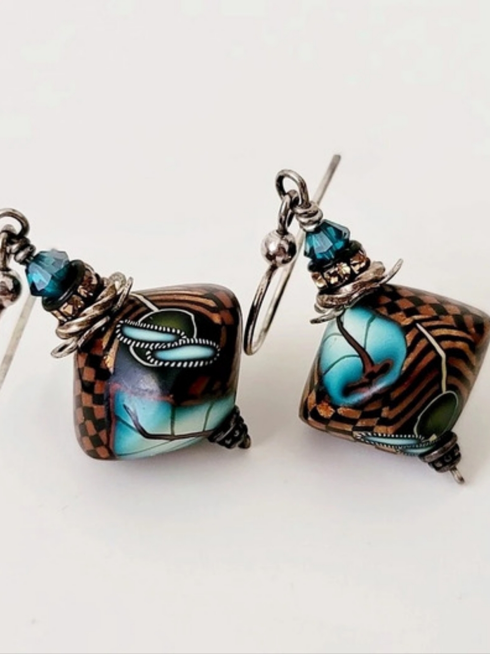 Blue Leaf Drop Earrings Handmade Checkered Pattern